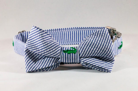 Preppy Navy Alligator Seersucker Bow Tie Dog Collar
