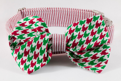 Green and Red Christmas Houndstooth Seersucker Girl Bow Tie Dog Collar