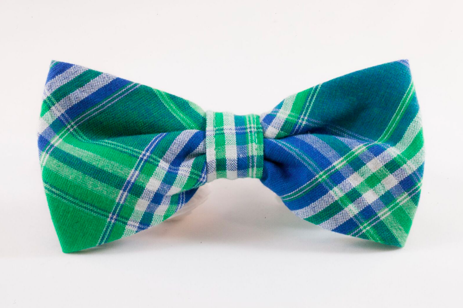 Preppy Green and Blue Madras Plaid Dog Bow Tie