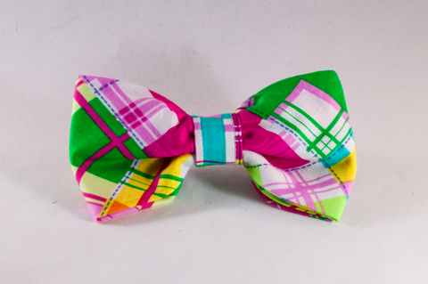 Preppy Pink and Yellow Madras Dog Bow Tie
