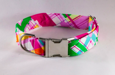 Preppy Pink and Yellow Madras Dog Collar
