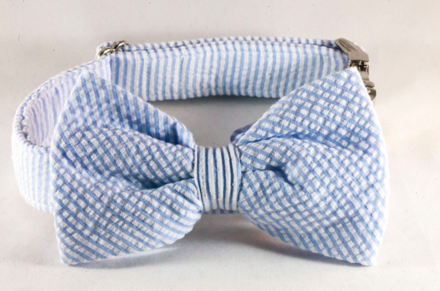 Preppy Classic Blue Seersucker Bow Tie Dog Collar The Southern Pup