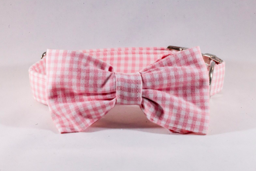 Preppy Pink Gingham Bow Tie Dog Collar