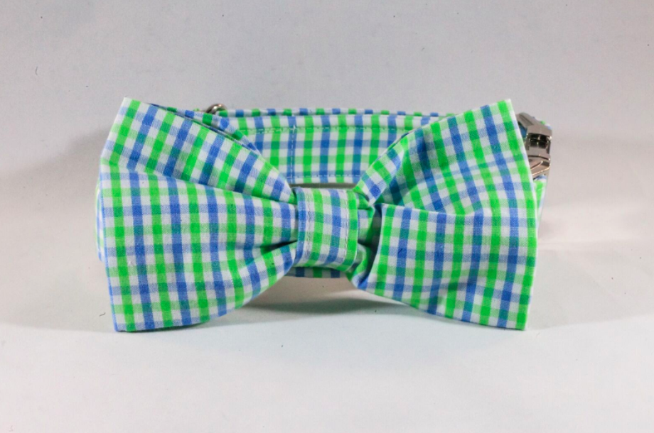 Preppy Blue and Green Gingham Dog Bow Tie Collar