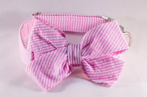 Preppy Pink Seersucker Girl Bow Tie Dog Collar