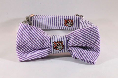 Preppy Purple and Gold LSU Tiger Seersucker Dog Bow Tie Collar