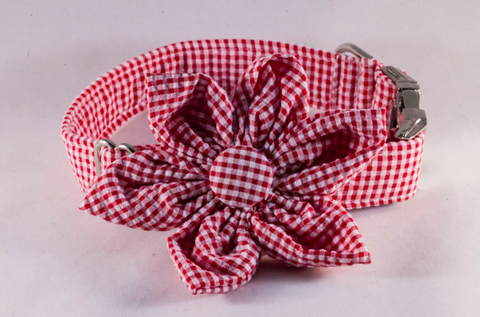 Preppy Red Gingham Girl Dog Flower Bow Tie Collar