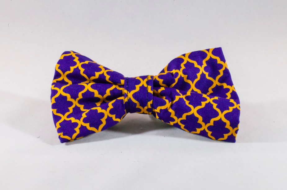 Preppy Purple and Gold LSU Quatrefoil Dog Bow Tie