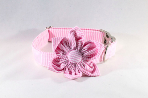 Preppy Pink Seersucker Girl Dog Flower Bow Tie Collar