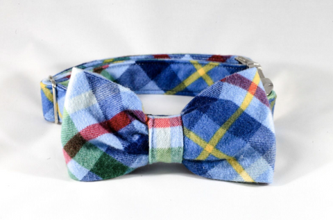 Classic Blue and Green Flannel Plaid Dog Bow Tie Collar