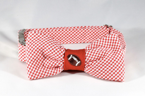 Preppy Red Gingham NC State Football Bow Tie Dog Collar, North Carolina State