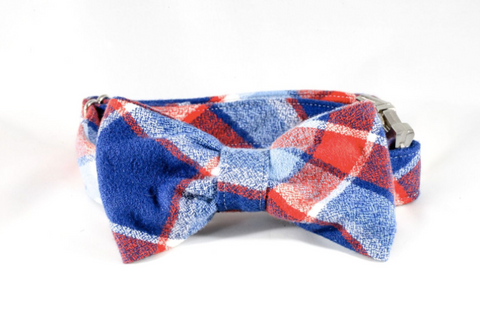 Red White and Blue Americana Plaid Flannel Patriotic Pup Bow Tie Dog Collar