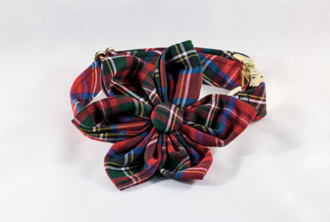 Red Scottish Tartan Plaid Girl Dog Flower Bow Tie Collar