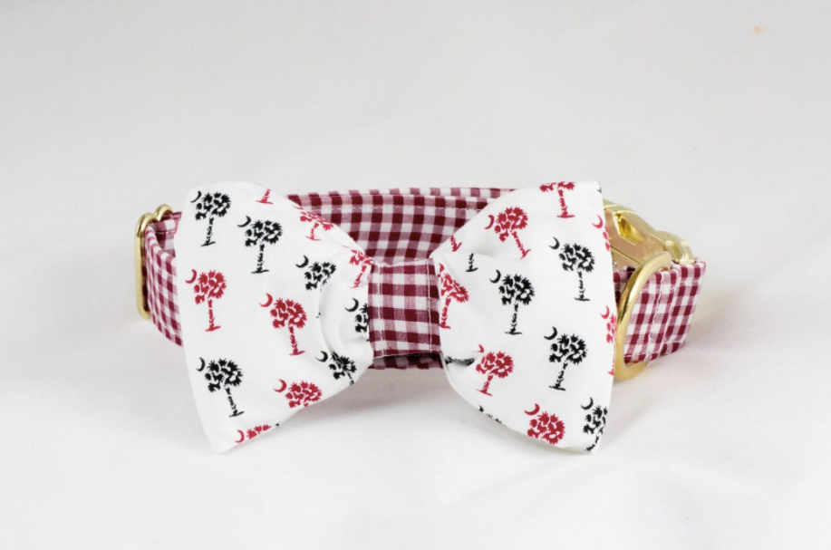 Gamecocks Garnet and Black Gingham Palmetto Palm Tree Game Day Dog Bow Tie Collar